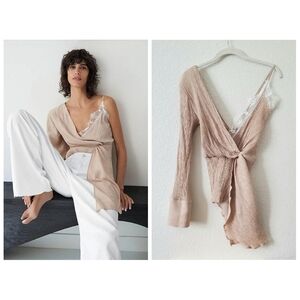Zara Tan Crinkle Stretch Asymmetrical Lace Top Blouse XS Blogger Favorite